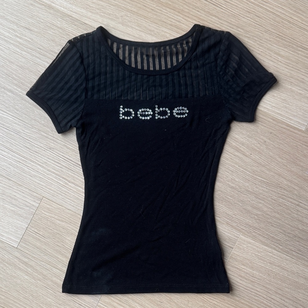 Bebe Black Short Sleeve Sheer Top